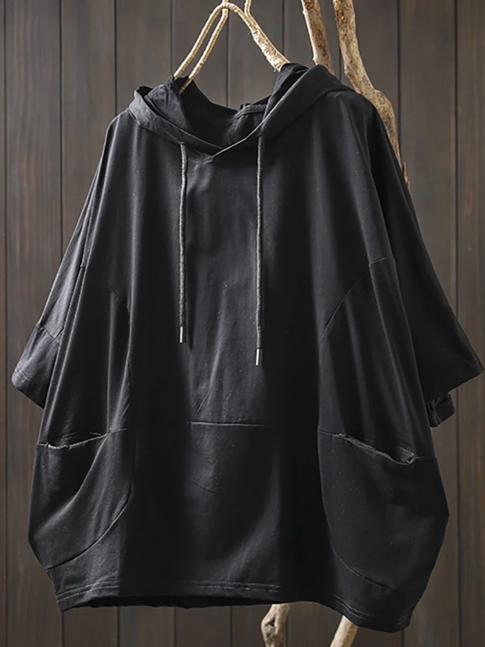 BUYKUD black cotton hoodie top